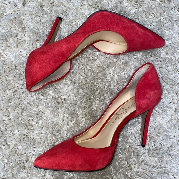 Red Suede Pointed Toe Heels - Picture 2 of 5